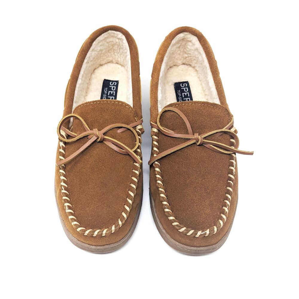 Sperry Shoes Mens 10 Trapper Moccasin Leather Faux Fur Lining Slippers Tan